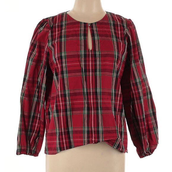 J. Crew puff sleeve poplin top in Good Tidings plaid large DEEP RUBY red long - Picture 5 of 7